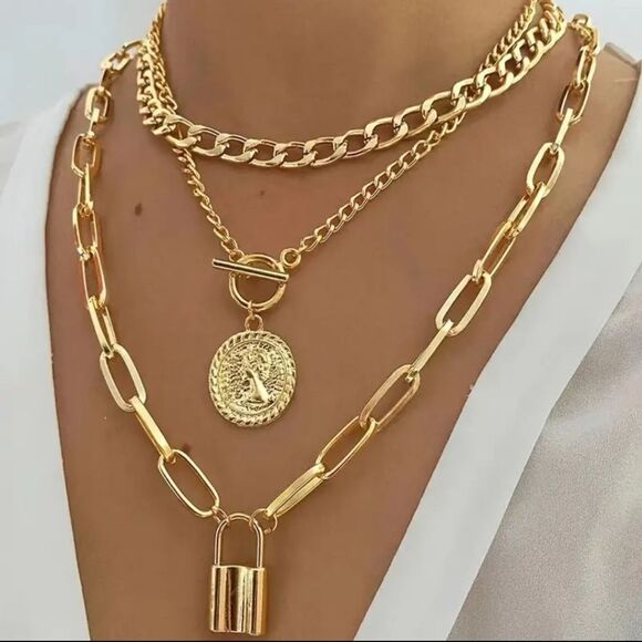 None Jewelry - 🆕📿3-Layer Chain Link, Coin, Lock Necklace